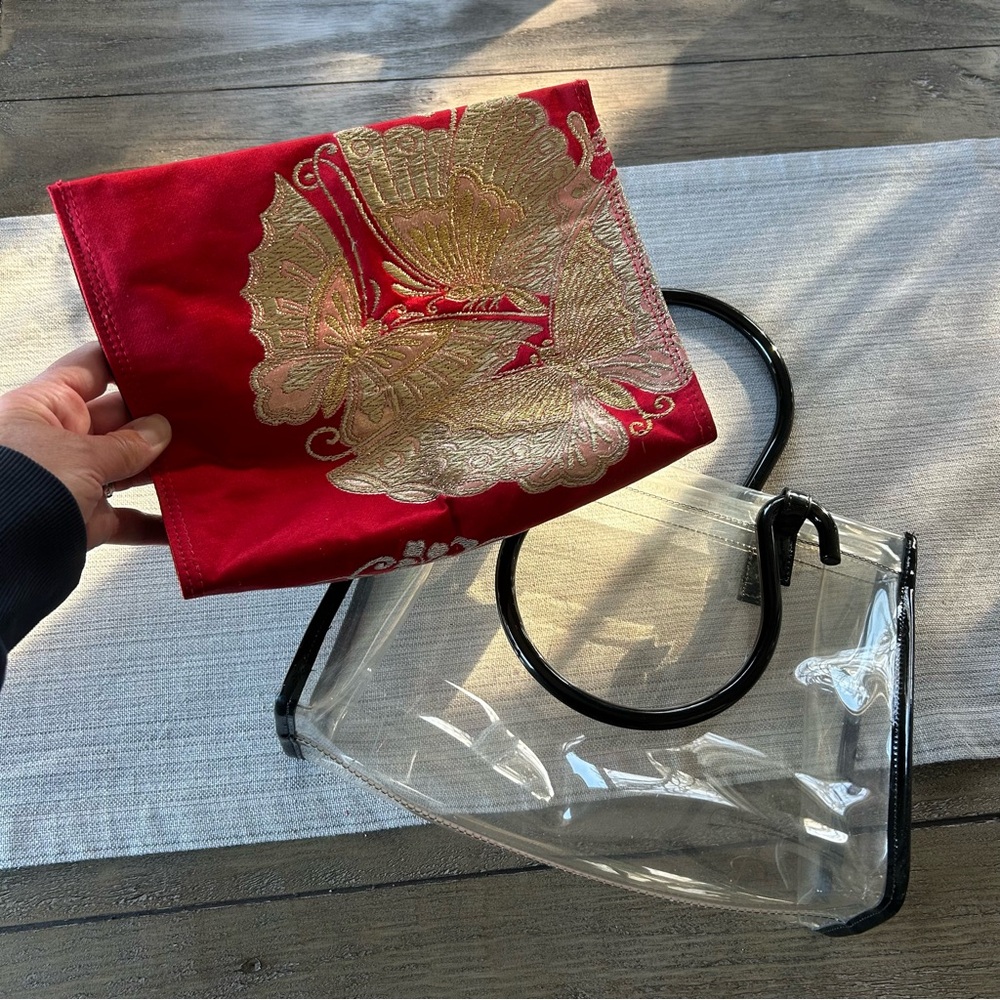 Vintage Clear Vinyl Handbag with Red & Gold Brocade Insert – Y2K / Late 90s - Picture 8 of 15